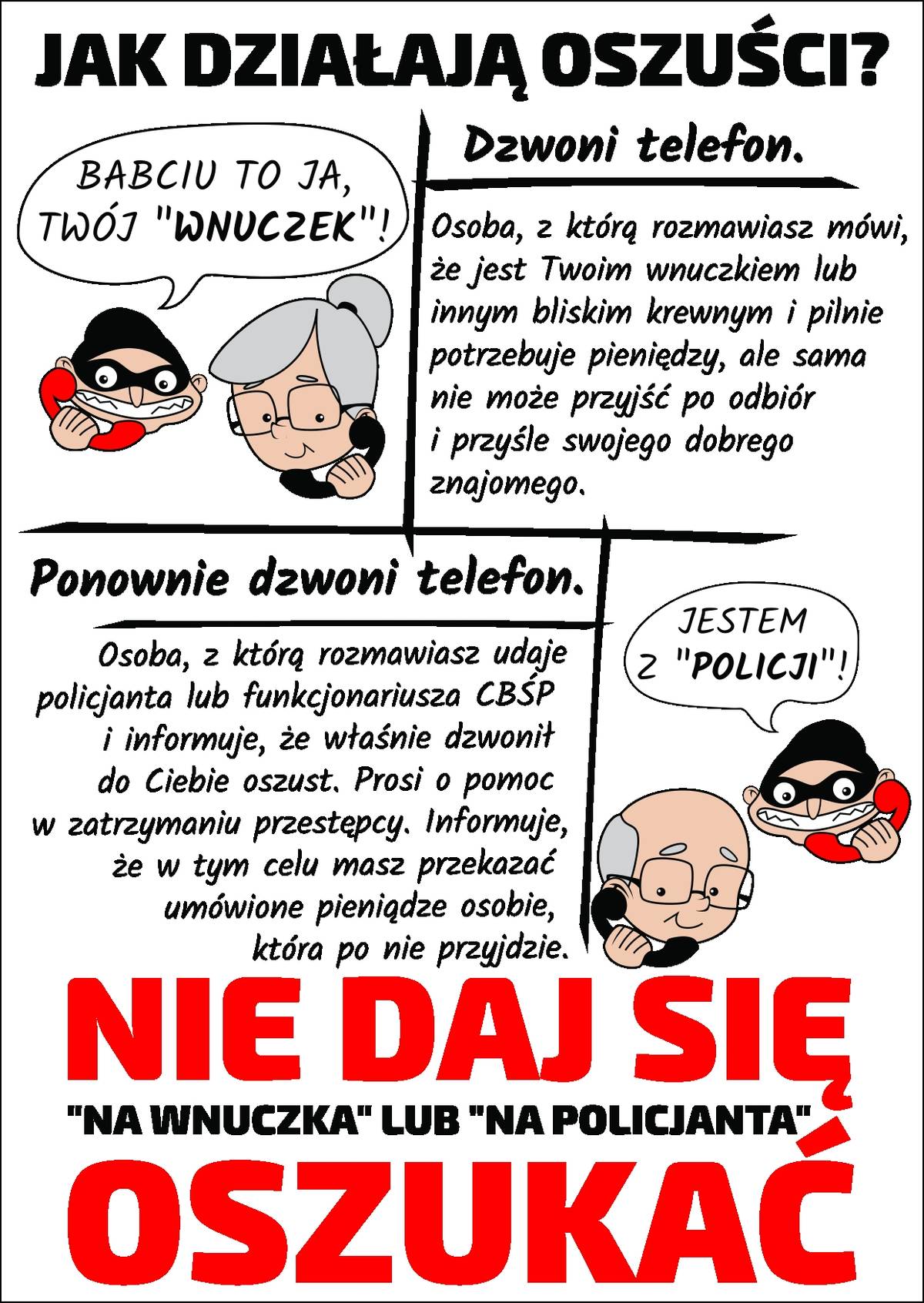 Plakat informujący osoby starsze, jak nie dać się oszukać.