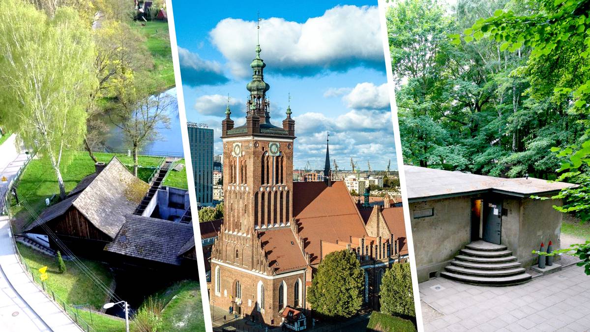 Grafika przedstawiająca trzy sezonowe oddziały Muzeum Gdańska: od lewej Kuźnia Wodna, następnie Muzeum Nauki Gdańskiej i Wartownia nr 1 na Westerplatte.