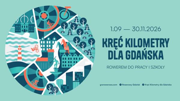Plakat informujący o zabawie rowerowej Kręć kilometry dla Gdańska.